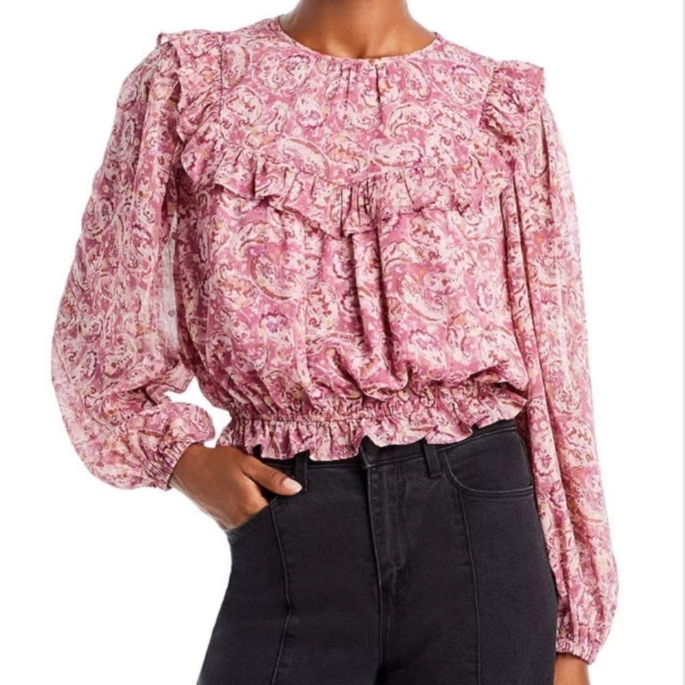 NWT AQUA Watercolor Paisley Long Sleeve Ruffle Detail Top Size Medium
